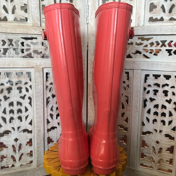 Hunter Tall Glossy Coral Flame Rain Boots Size 7 - Picture 5 of 12